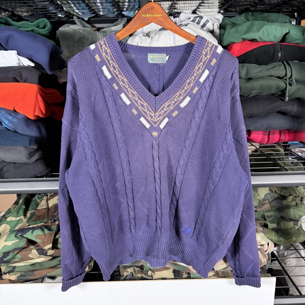 Descente Mens Purple Cable Knit V Neck Sweater Size L Cotton Made in Japan